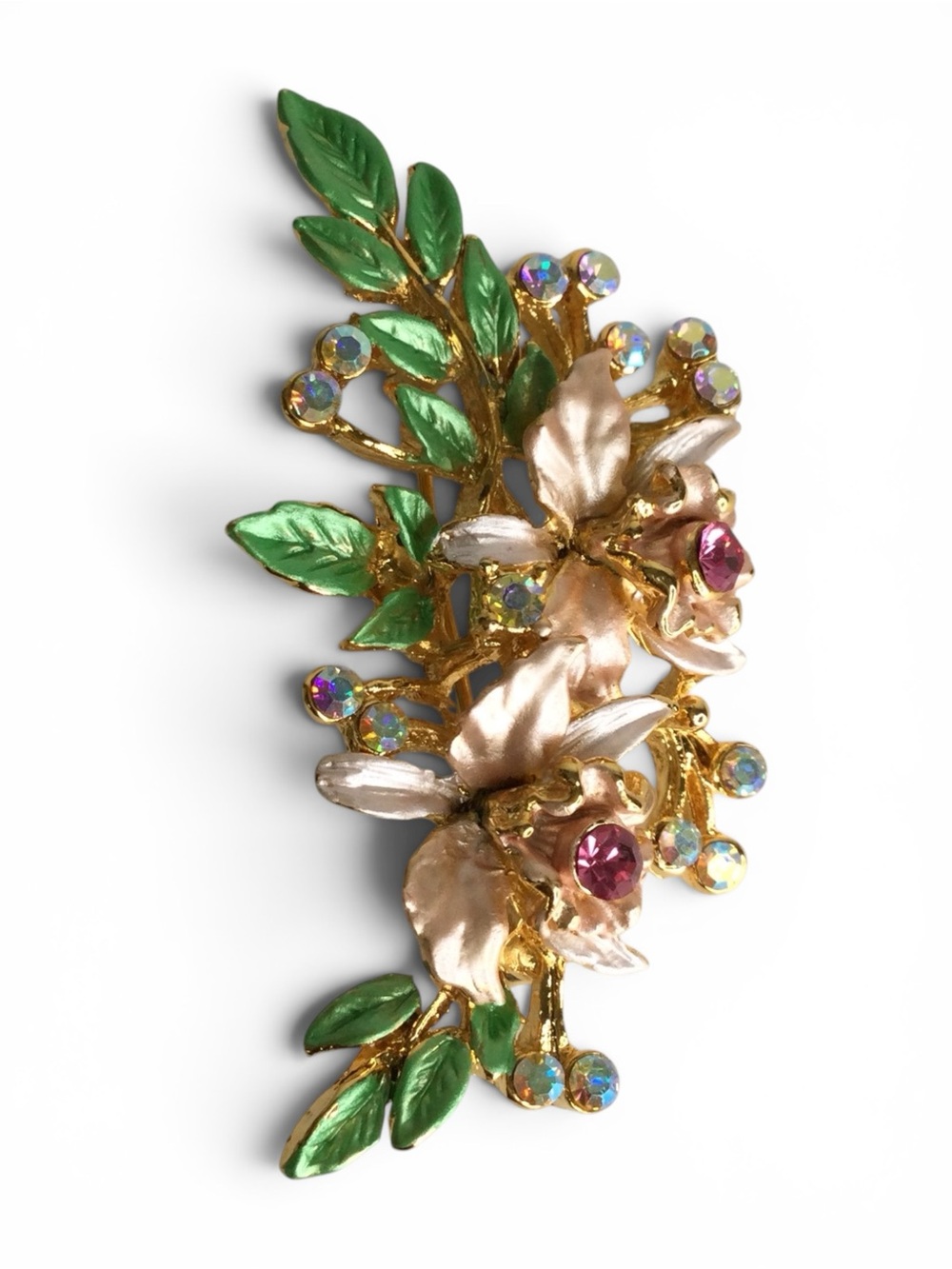 Estate Vtg 1960s Gold‑Tone Enamel Floral Spray Brooch with Pink & AB Rhinestones - Picture 9 of 13